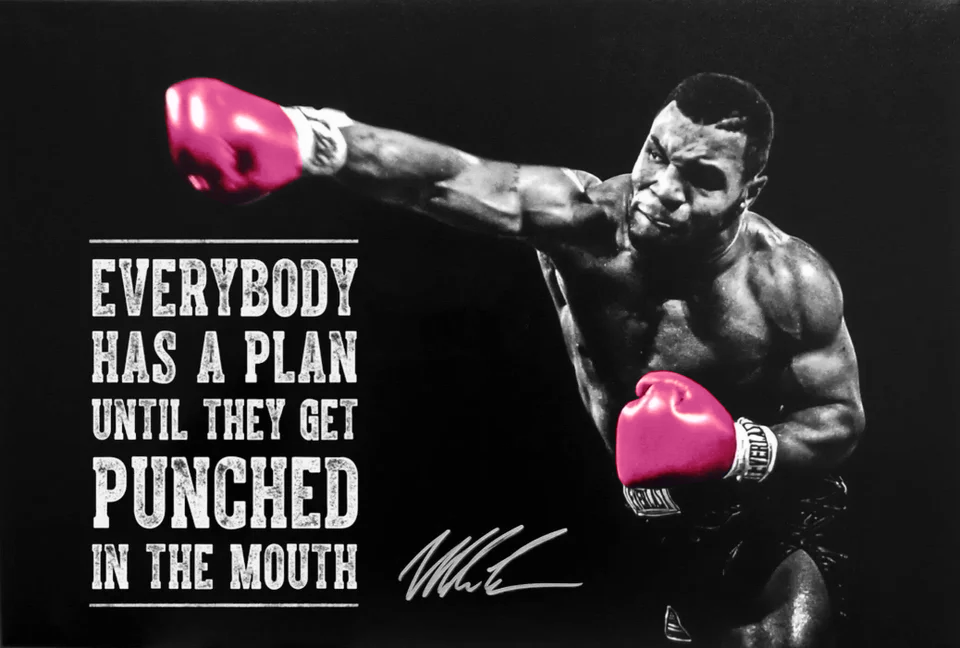Mike Tyson wearing pink boxing gloves with the words "Everybody has a plan until they get punched in the mouth"